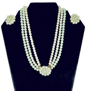 Vintage 50's Japan Faux Ivory & Green 3 Strand Cluster Clasp Necklace & Earrings